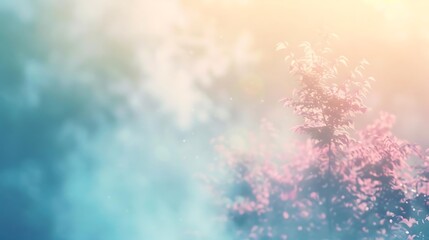 Fototapeta premium a blurry tree stands amidst a colorful array of flowers, including pink, purple, and white blooms, set against a blue sky