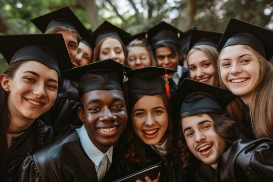 Happy diverse multiethnic graduates in black caps and gowns, huddled together and showing their diplomas with pride