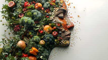 3D render human body made from organic food, fruits and vegetables arranged to human anatomy, bright vivid and healthy eating diet concept digital artwork, minimalist organic materials background.