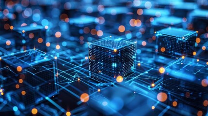 Blockchain specialists designing secure ledgers on virtual screens