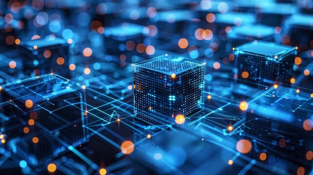 Blockchain specialists designing secure ledgers on virtual screens