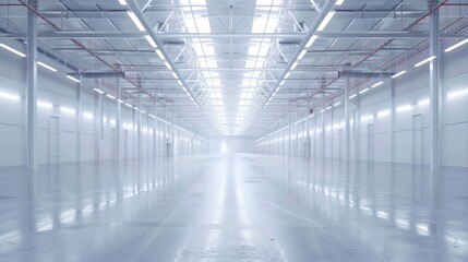 Industrial white warehouse with high ceilings and an empty floor plan, surrounded by a uniform white background