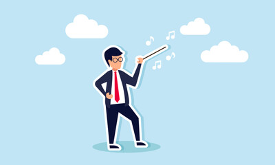 Business conductor uses baton, leading company's success with musical leadership metaphor, concept of manager to guide and control team