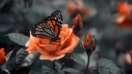a black butterfly perches on an orange flower amidst a backdrop of green leaves