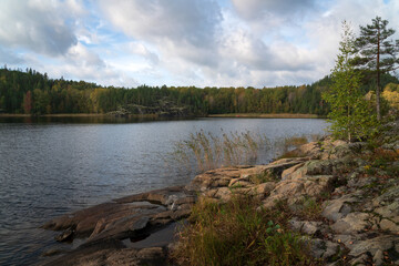 View from the shore of Lake Ladoga near the village of Lumivaara on a sunny autumn day, Ladoga skerries, Lahdenpohya, Republic of Karelia, Russia