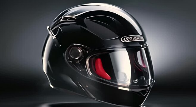 Motorcycle carbon integral crash helmet on glass podium. Transportation safety