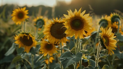 a vibrant sunflower field with a variety of yellow sunflowers, including a large and impressive sunflower, surrounded by lush green leaves