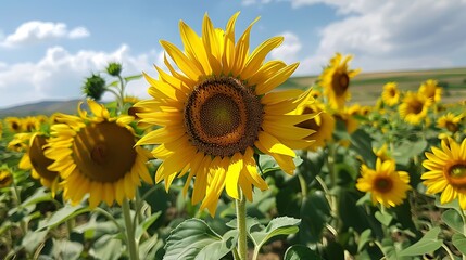 a field of yellow sunflowers under a blue sky with white clouds