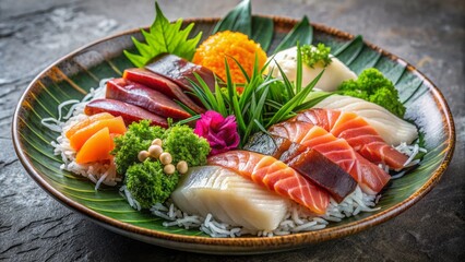  This image is of a plate of assorted sushi and sashimi. It is beautifully presented on a banana leaf with edible flowers and greens.