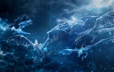 Abstract flying dragons on a dark blue background. Technological background for design on the topic of artificial intelligence, neural networks, big data. Very beautiful copy space