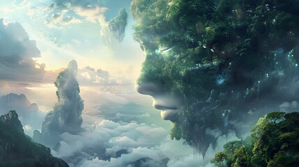 Ethereal Mountainous Landscape with Cascading Waterfall and Misty Forests