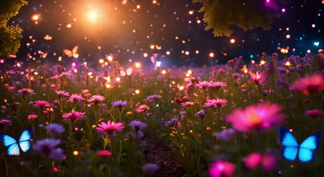Blooming fantasy flower garden with glowing butterflies and fireflies.