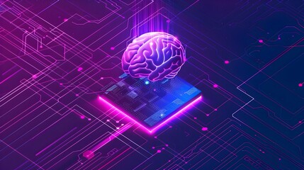 Glowing Digital Brain in Abstract Futuristic Neon Backdrop