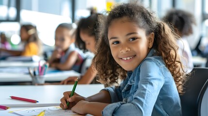 Diverse and Cheerful Young Student Sitting at Desk and Writing in Notebook in Classroom