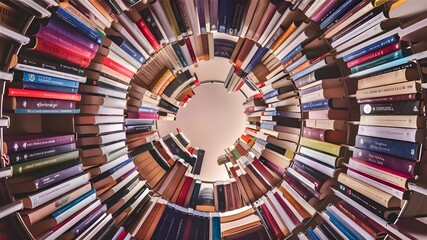 shot of a library rack, carefully arranged with a variety of books. The books are organized symmetrically, creating a visually appealing centered composition, generate by AI