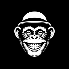 editable silhouette of smiling chimpanzee monkey wear bowler hat