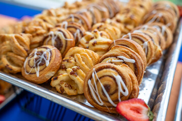 Pastry tray close up. variety of delicious pastries 