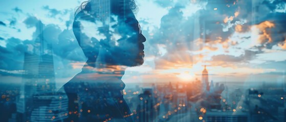 Silhouette of Man Overlaid with City and Sunset.