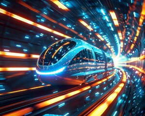Fototapeta premium A futuristic maglev train moving through a hightech tunnel, vivid light trails, ultradetailed, intense motion, highdefinition