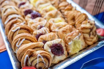 Pastry tray close up. variety of delicious pastries 