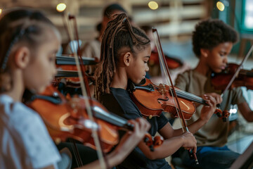 Diverse group of children playing violins in music class