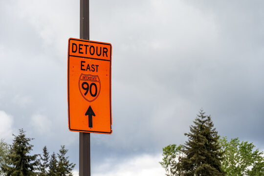 Orange detour sign for East Interstate 90, I90, Bellevue, Washington
