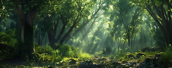 Fototapeta premium a serene forest scene with tall green trees and a river flowing through it