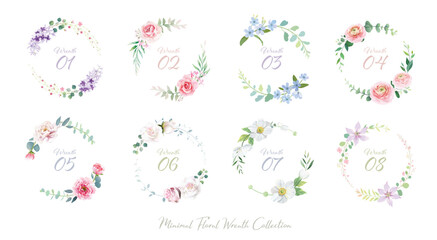 Set of minimal floral and greenery with wreath on white background. Beautiful template for wedding invitation or greeting card, banner. All elements are isolated and editable. Vector.