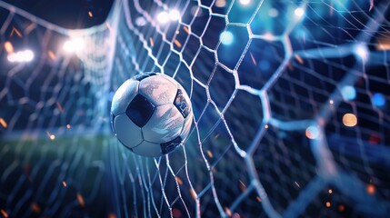A soccer ball is in the air, and the net is lit up with bright lights.