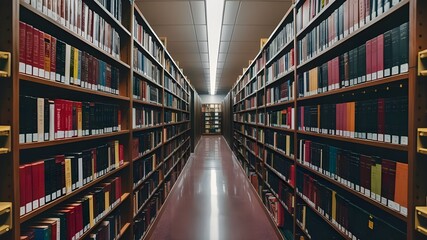 Fototapeta premium a symmetrical view down the center aisle of a library, with bookshelves on both sides filled with books, the perspective draws the eye towards a vanishing point at the center, generate by AI