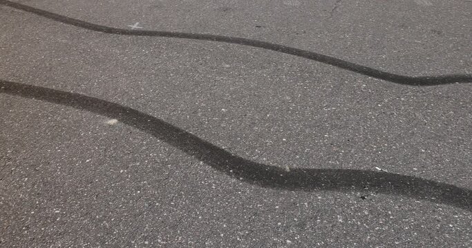 tire tracks during dangerous driving on the road , wheel streaks from sudden braking and drifting on an asphalt road