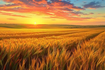 Obraz premium Scenic view of golden wheat bathed in the colorful twilight sky