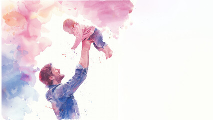 Fototapeta premium Pink watercolor paint of A father playing lift with new born baby kid
