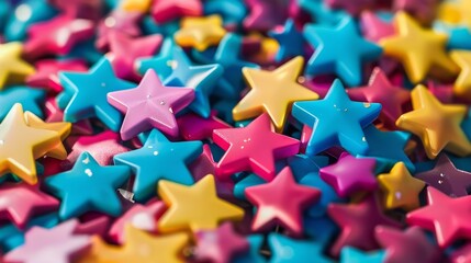 Colorful plastic stars scattered on a table, captured in high detail with UHD 4K sharpness