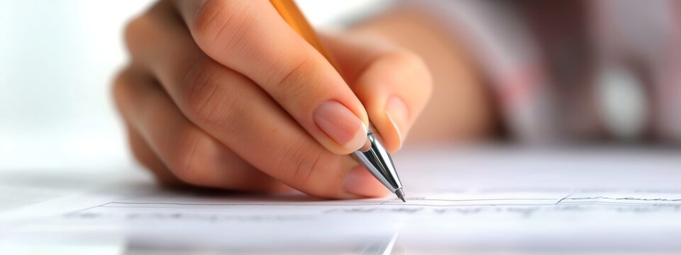 Hand with manicured nails writing with a pen on paper, focused on the writing action. Suitable for business, office, and documentation themes.