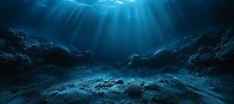 Dark underwater seabed. Marine wildlife nature panorama. Generative AI technology.	
