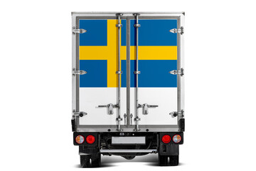A truck with the national flag of  Sweden  depicted on the tailgate drives against a white background. Concept of export-import, transportation, national delivery of goods