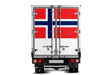 A truck with the national flag of  Norway  depicted on the tailgate drives against a white background. Concept of export-import, transportation, national delivery of goods