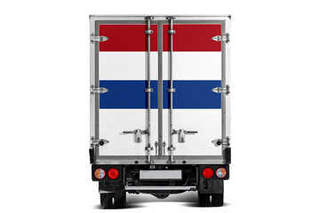 A truck with the national flag of  Netherlands depicted on the tailgate drives against a white background. Concept of export-import, transportation, national delivery of goods