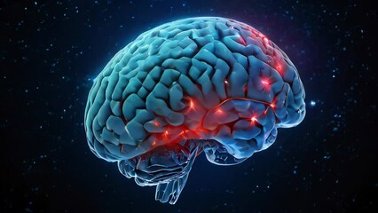 Animated depiction of the human brain set against a dynamic background of burning lights, illustrating the marvels of neuroscience and cognitive function