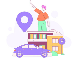 Flat vector concept operation hand drawn illustration of people taking a taxi
