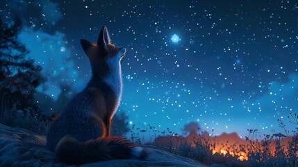 A fox sits on a hilltop, gazing at a clear, starry night sky, capturing a serene and magical moment in nature.