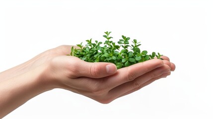 Close-up of hands gently holding a bunch of fresh green seedlings against a white background, symbolizing growth and care.