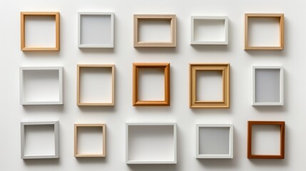 Assorted empty frames in white and wooden finishes arranged on a white background. Suitable for home decor, art display, and creative projects.