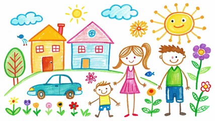 Naklejka premium Nature's beauty inspires! A child's vibrant chalk drawing depicts their family, surrounded by blooming flowers and a trusty car, ready for an adventure.
