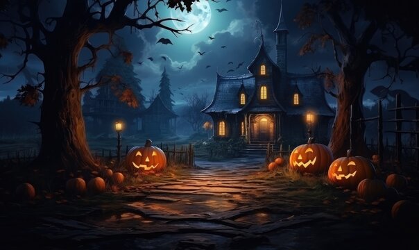 old house with pumpkins in front, hellowen night