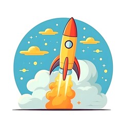 Colorful Rocket Launch with Smoke Trail in Cartoon Style
