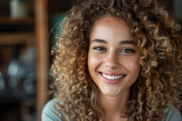 Portrait of Smiling Young Woman with Curly Hair Indoors