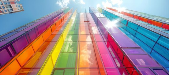 Fototapeta premium Colorful glass office building. LGBT pride gender equality. Generative AI technology. 