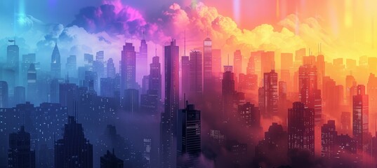 Urban metropolis city with colorful light effect. LGBT pride gender equality concept. Generative AI technology.